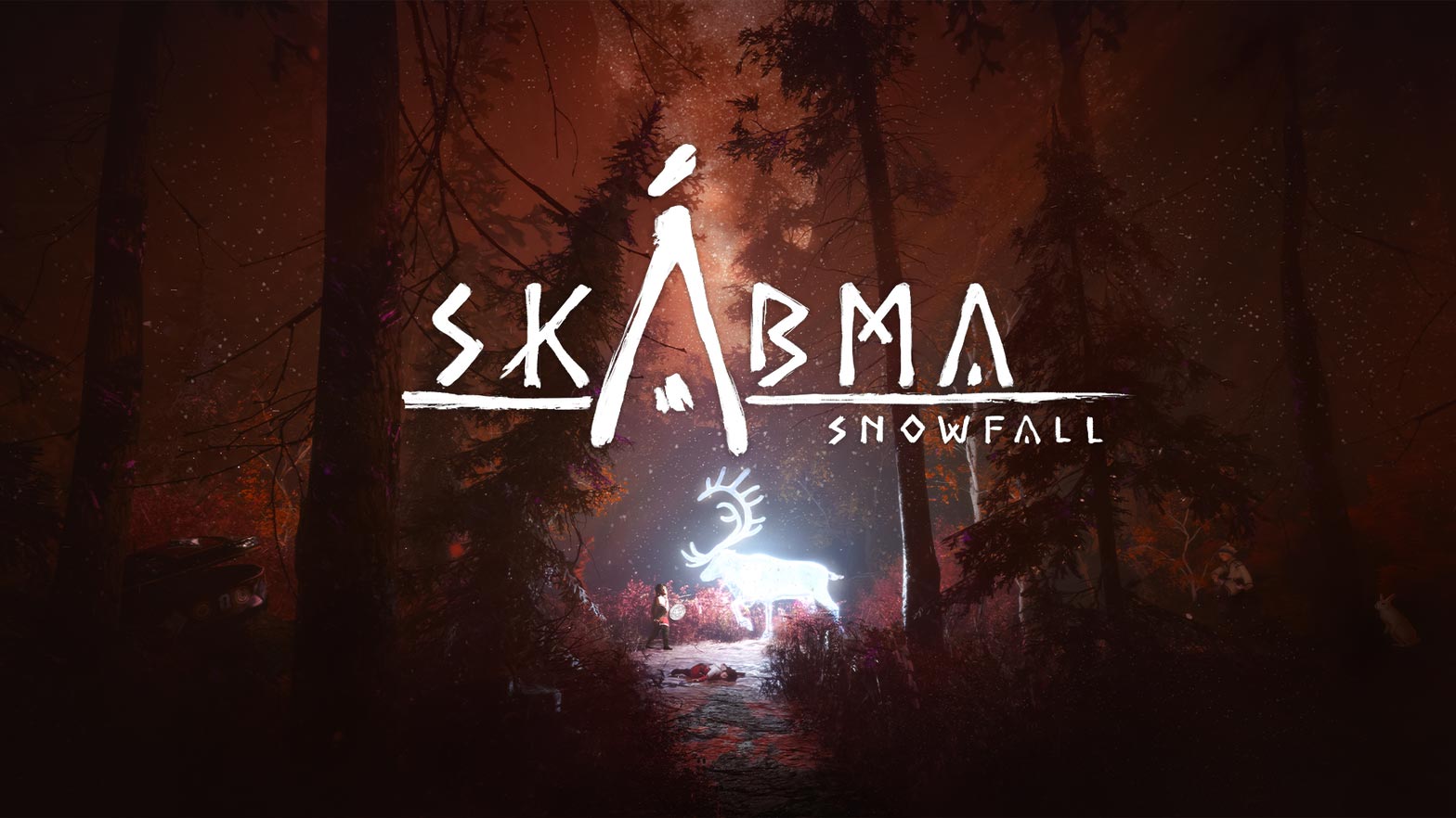 A glowing white deer and a person stand in the center of a darkly lit forest featuring the Skábma – Snowfall logo in white.