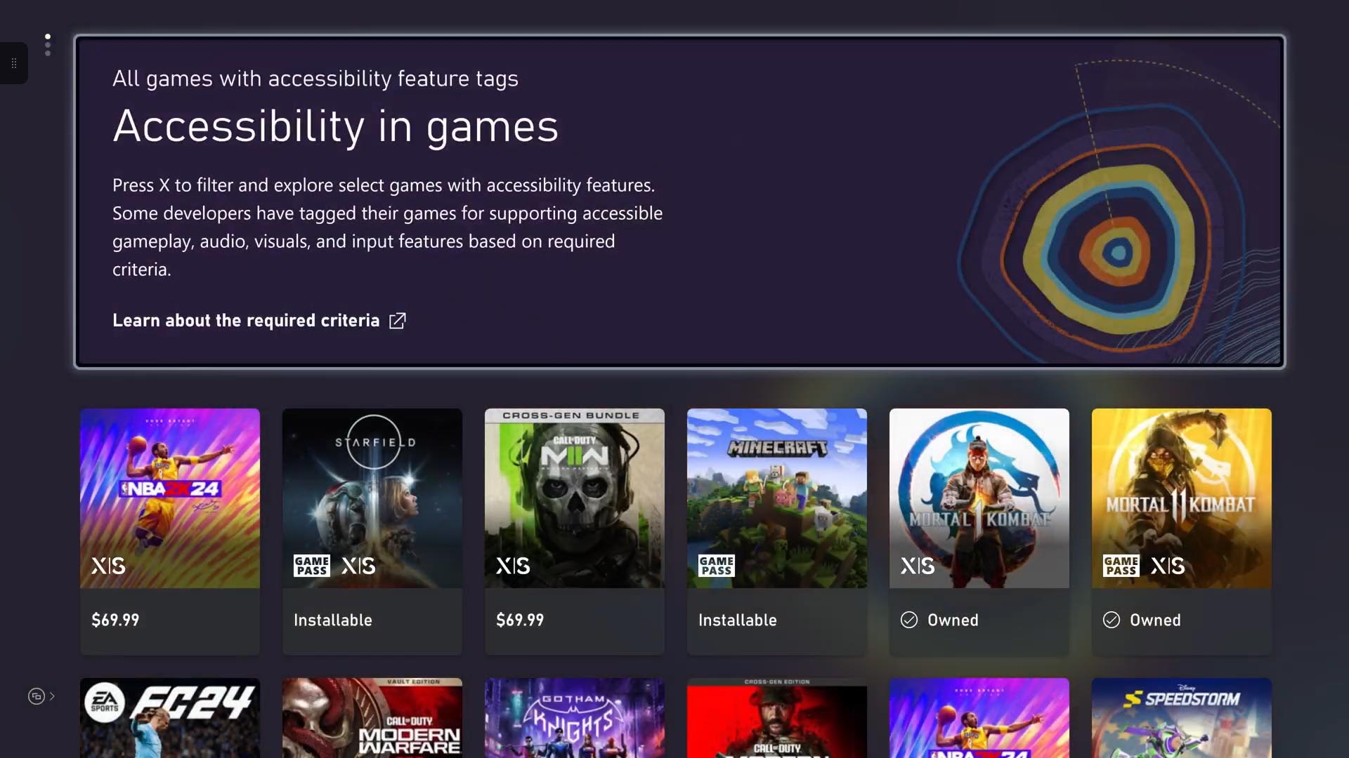 The ‘Accessibility in games’ channel is displayed on an Xbox console, with rows of small icons representing different games on Xbox that have Xbox Accessibility Feature Tags.