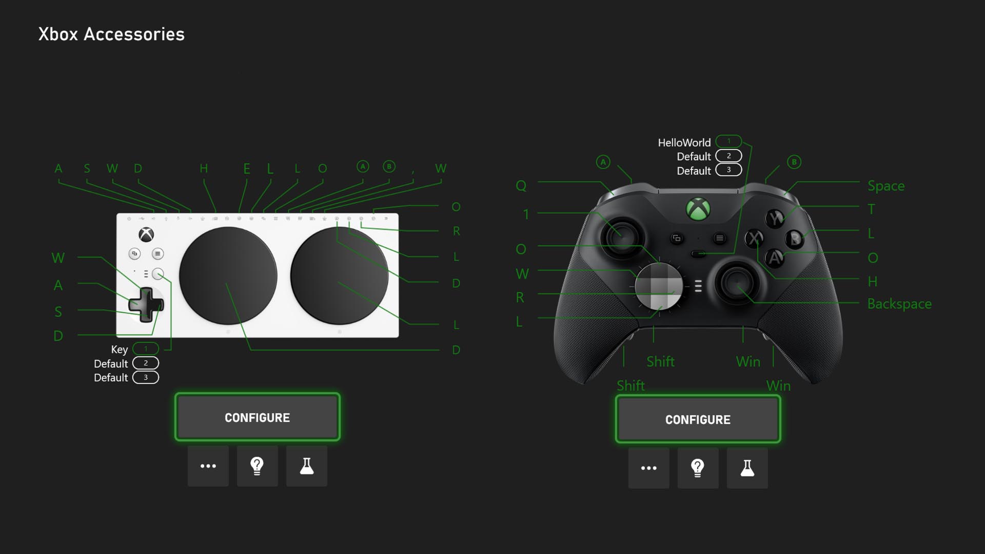 An “Xbox Accessories” menu on-console displays different configuration settings that allow players to remap buttons for the Xbox Adaptive Controller and Xbox Elite Series 2 Controller.