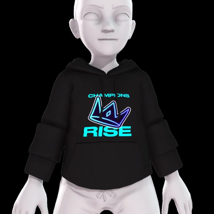 an Xbox avatar wearing a black hoodie that features a blue crown and the words CHAMPIONS RISE. 