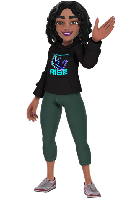 An Xbox avatar wearing a black hoodie that features a blue crown and the words CHAMPIONS RISE. 