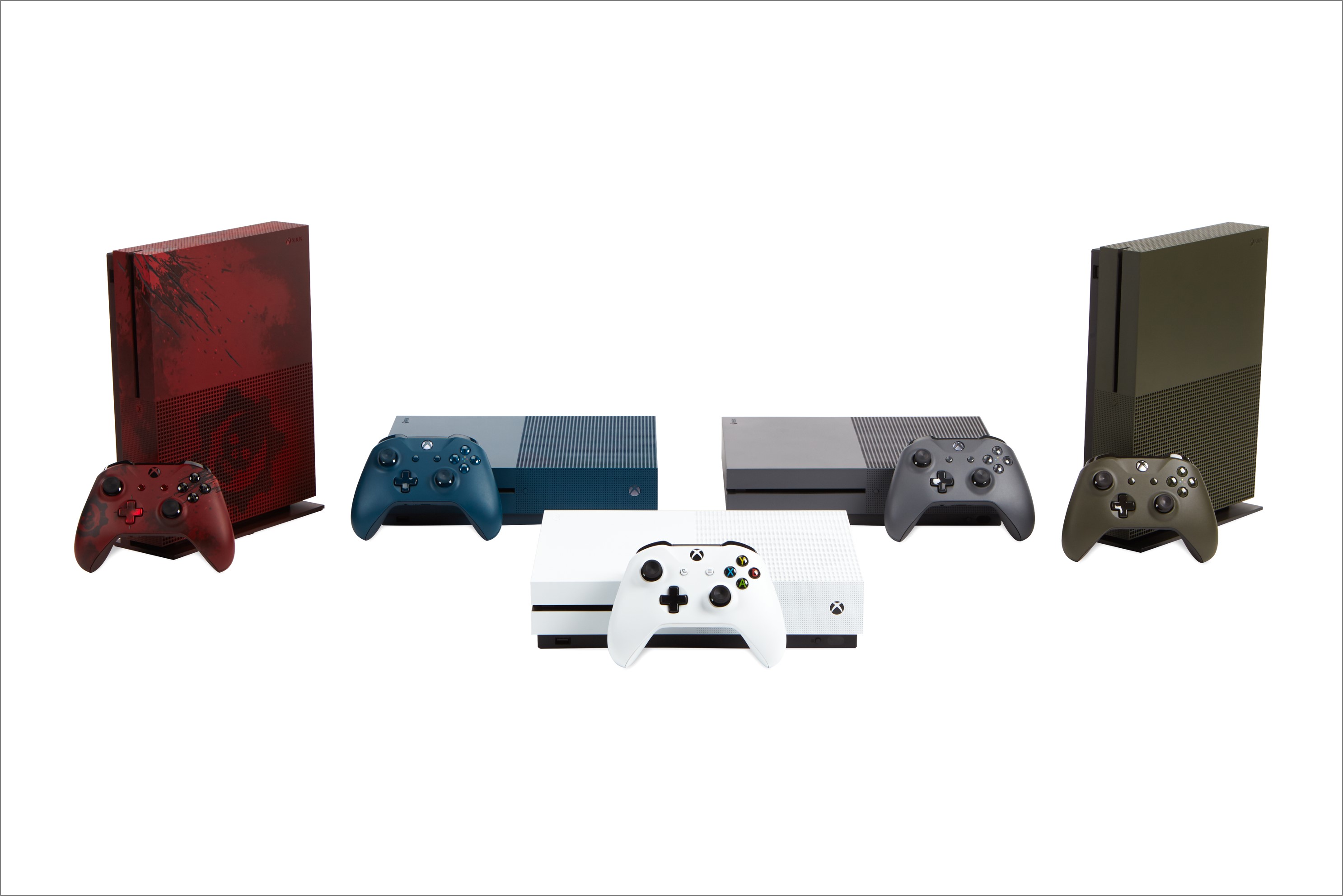 Product shot of various Xbox One S consoles