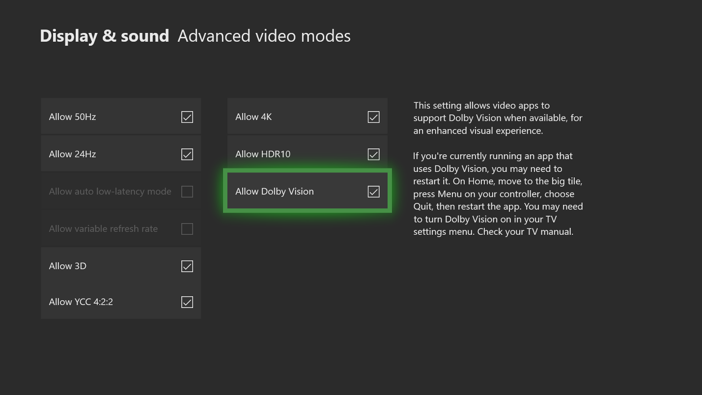 Interfaz de usuario de configuración de Xbox One de Dolby Visión