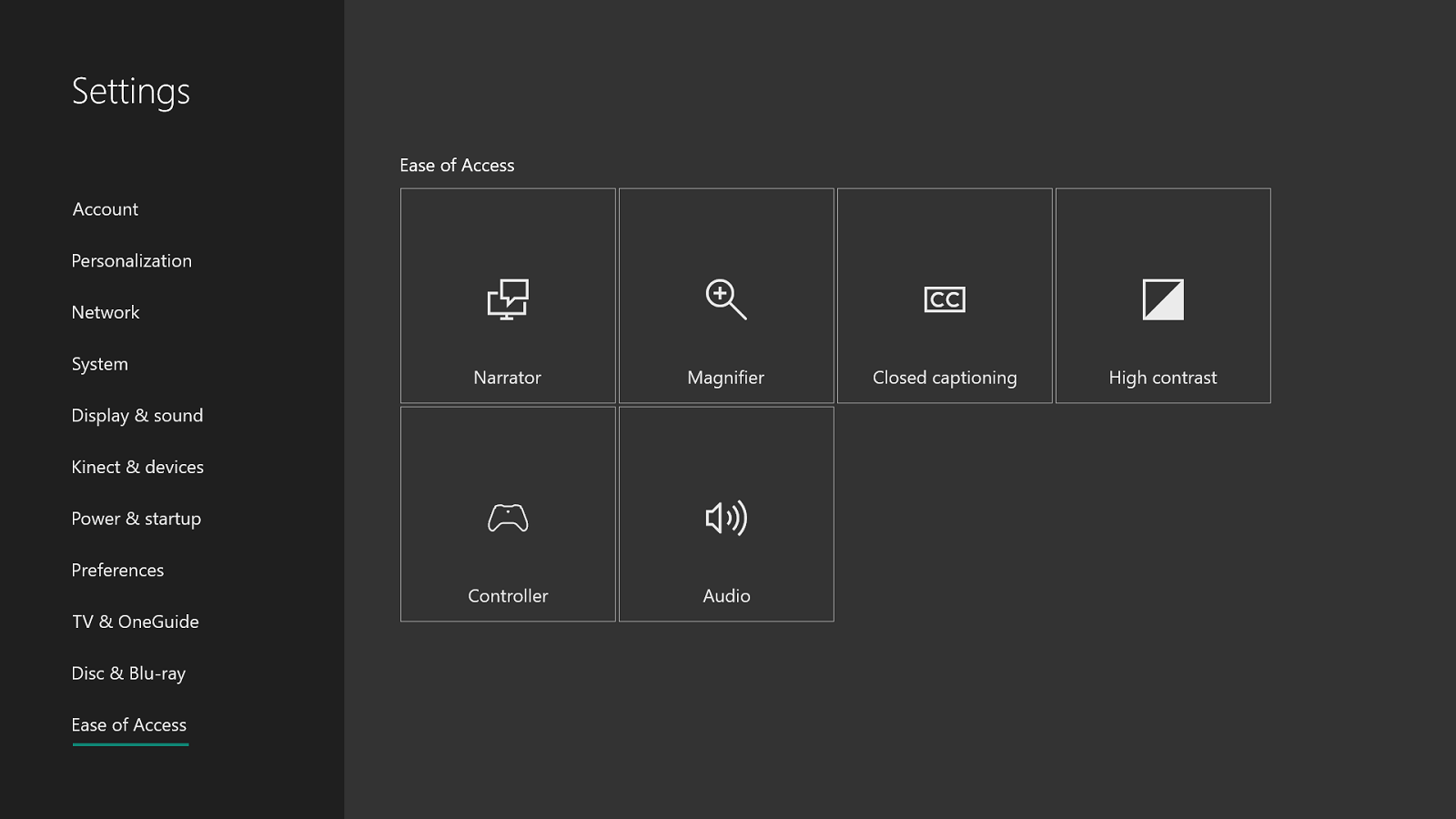 Ease of Access Settings Screenshot on Xbox One
