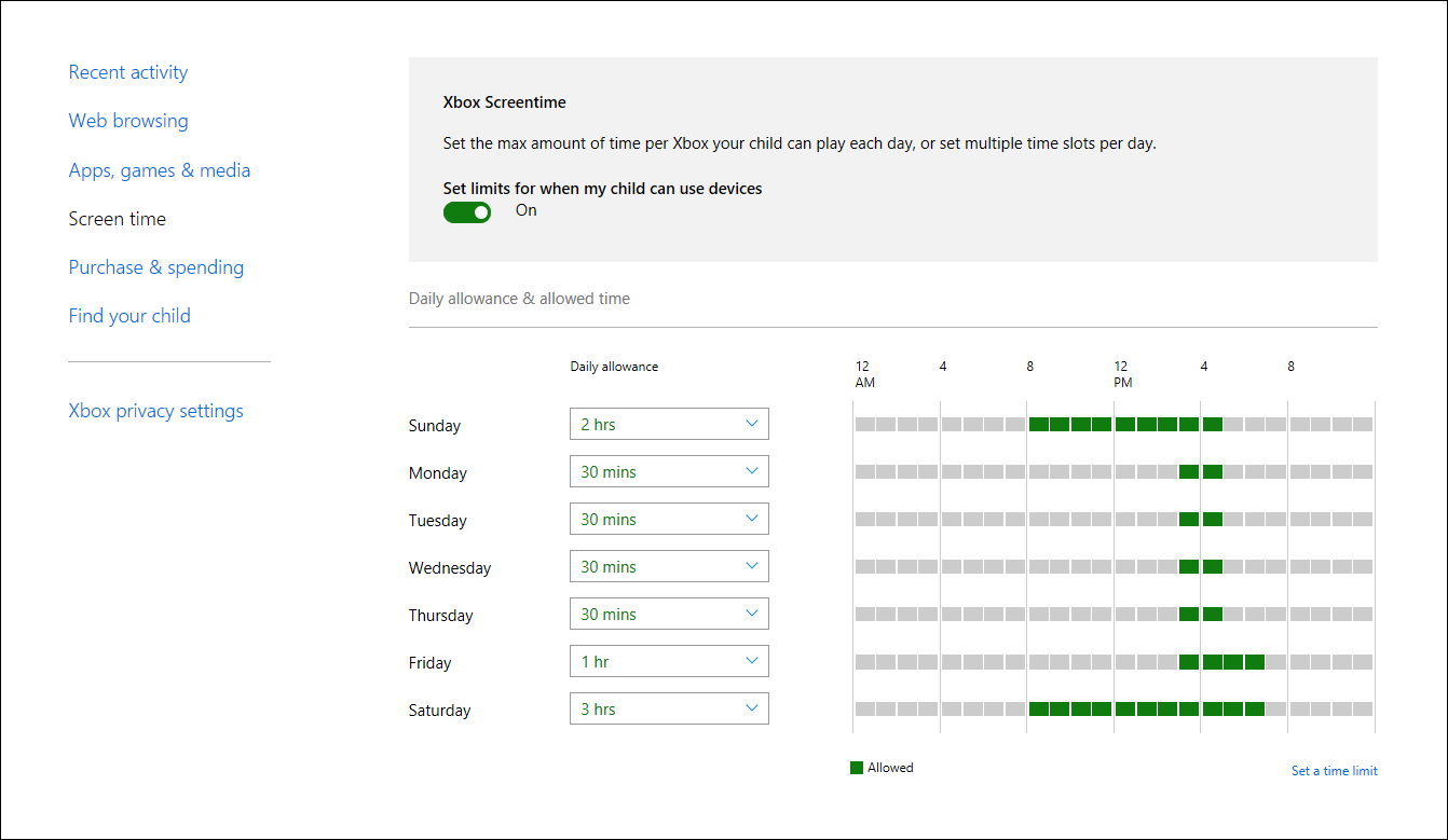 Screenshot managing screen time on Xbox One