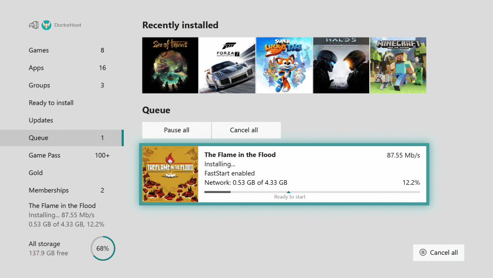 FastStart UI on Xbox One 