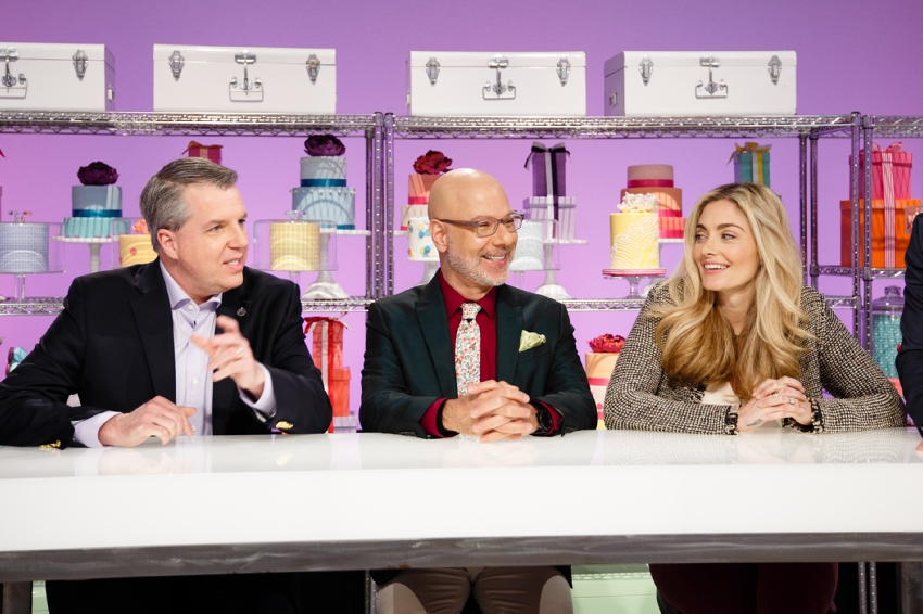Judges, from left, Larry "Major Nelson" Hryb, Ron Ben-Israel, and Waylynn Lucas share a laugh during the first Halo-themed challenge, as seen on Food Network's Cake Wars, Season 3.