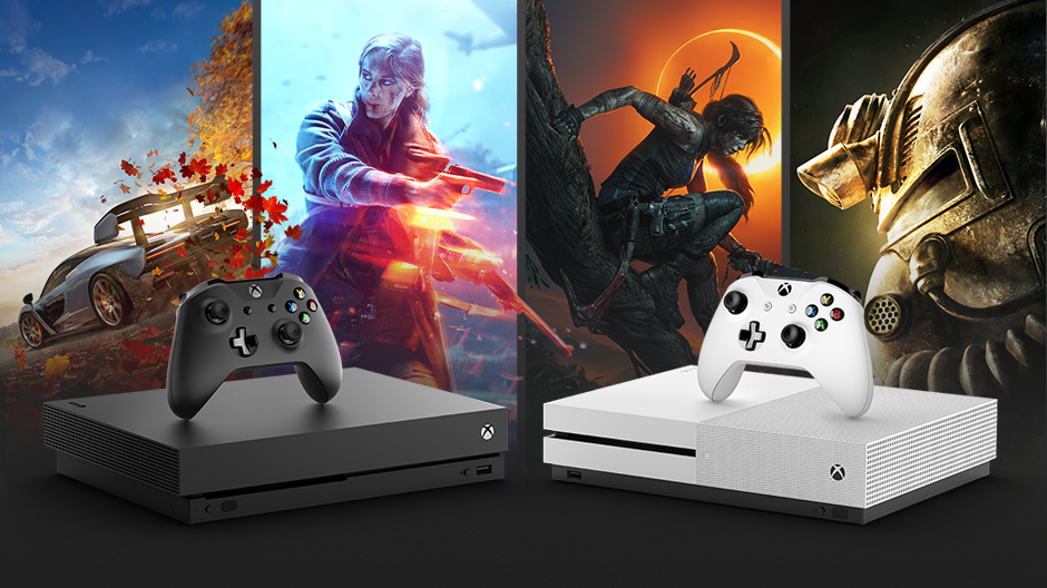 Xbox One Bundles Hero with Xbox One X, Xbox One S and games backdrop