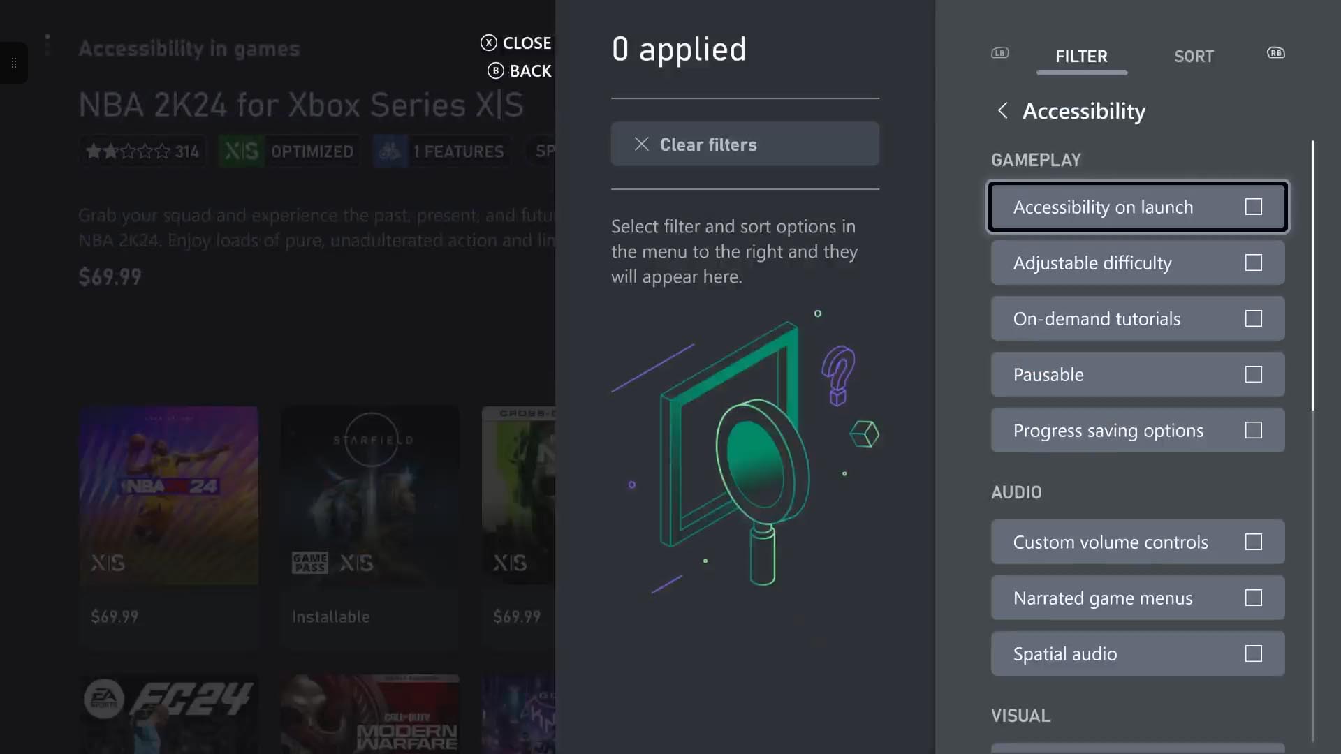 Un menu présente la fonction "filtre et tri" de la Xbox, qui permet aux joueurs et aux joueuses de trouver différents jeux accessibles, en fonction des paramètres "Gameplay" et "Audio".