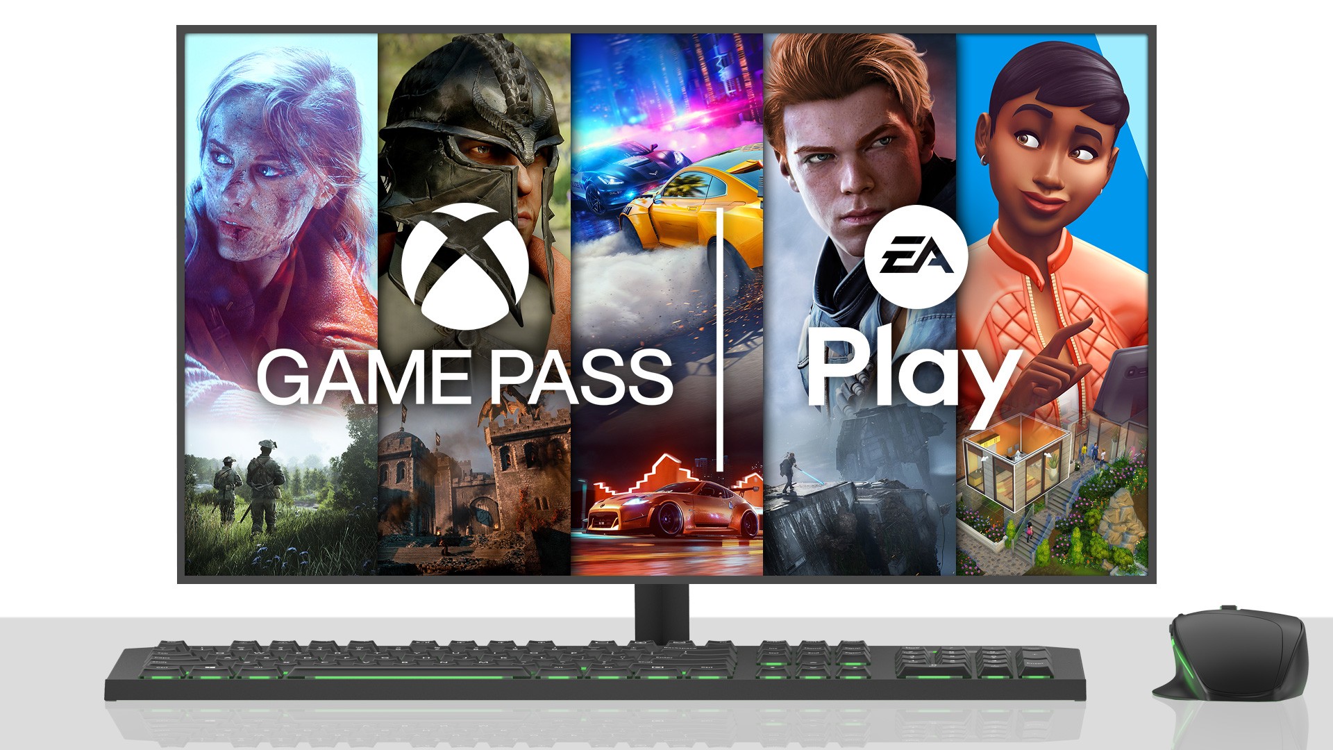 Логотипы EA Play и Xbox Game Pass на фоне игр на экране ПК