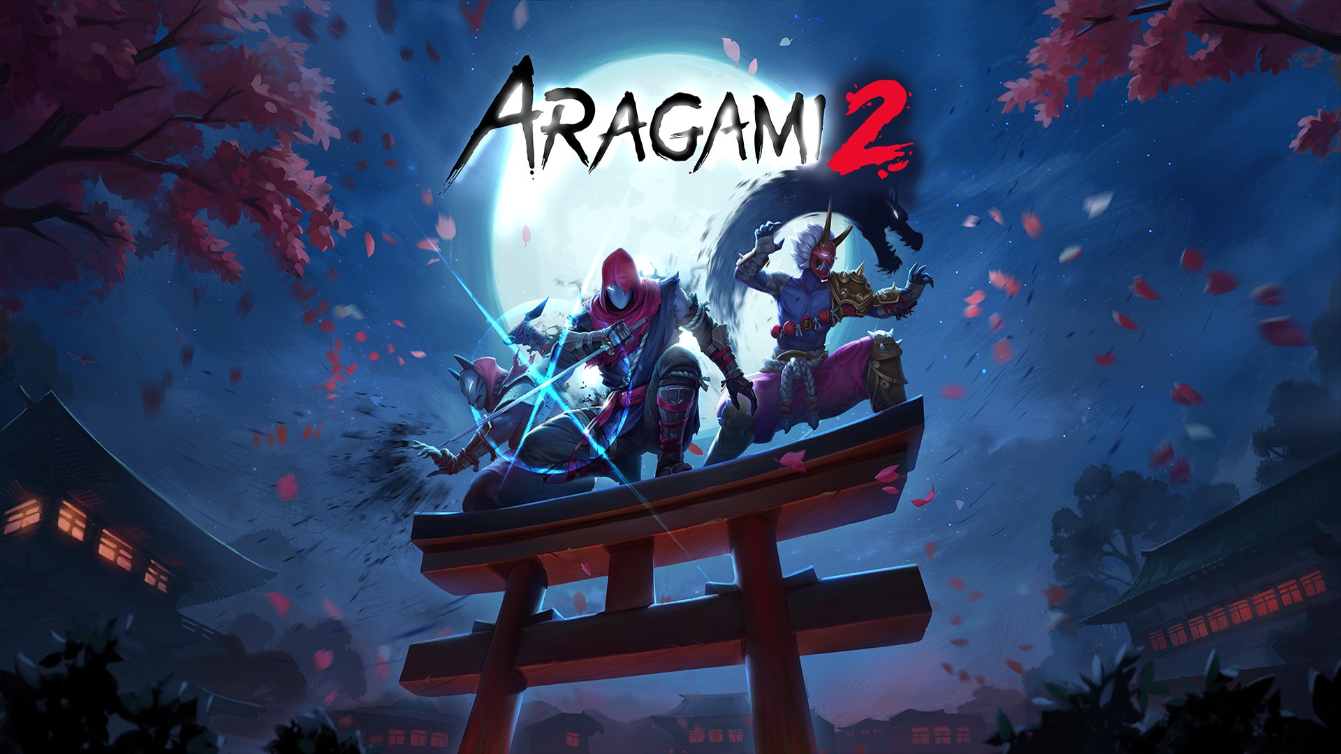 Обложка игры ARAGAMI 2. Герои игры ночью на фоне луны