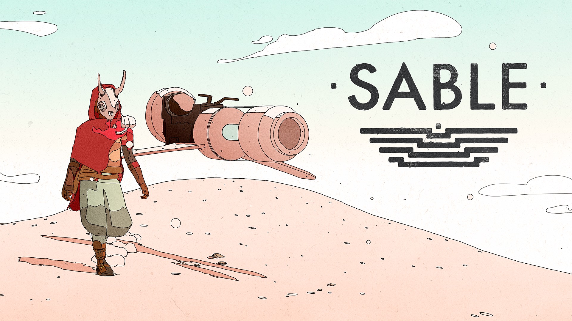 Обложка игры SABLE. Героиня идет по песку, рядом летит дрон