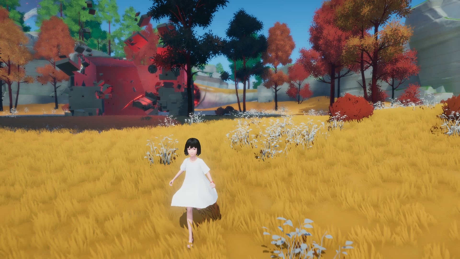 Девушка в белом платье бежит по полю.